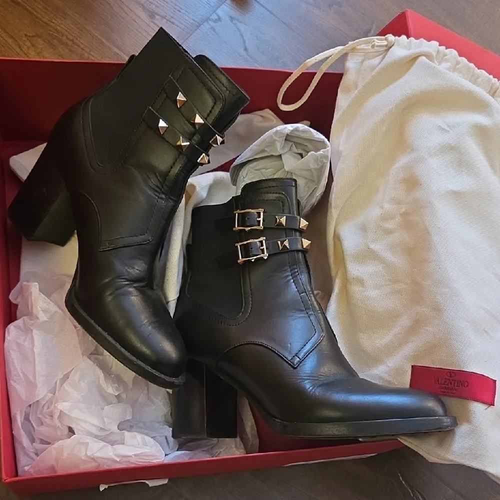 Valentino Black Ankle Boots with Gold Studs - Picture 1 of 9